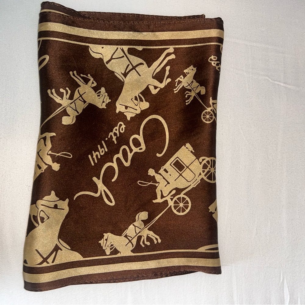 Coach Silk Scarf Brown Beige Horses & Carriage Print Long Rectangular Scarf - Picture 4 of 6